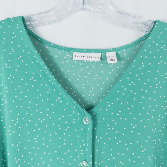 Susan Graver Printed Liquid Knit Button Front Shirt Womens XL Green Polka Dot - Picture 8 of 13